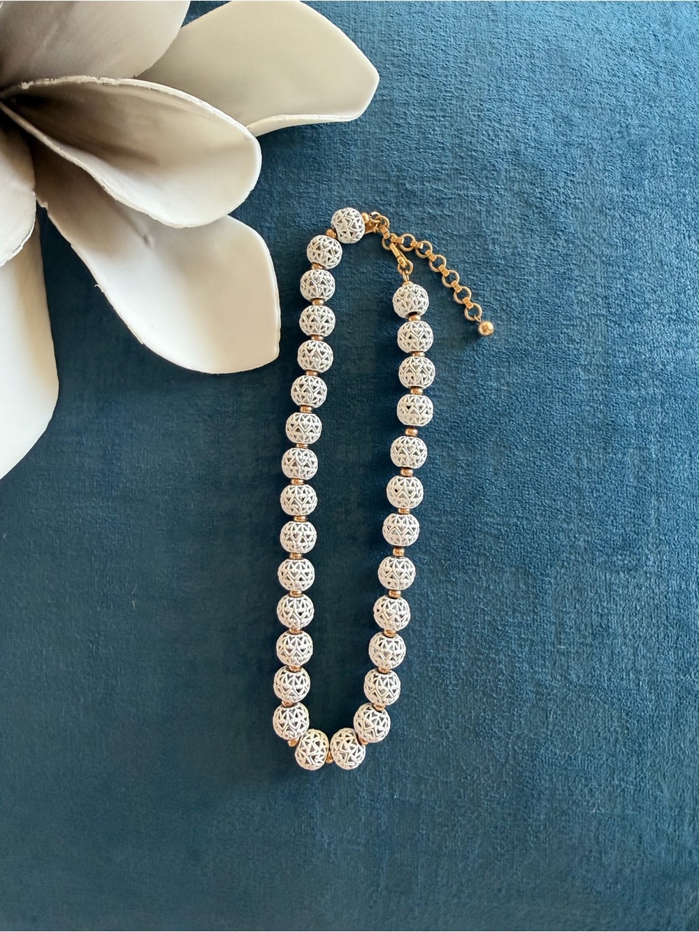 Vintage Monet White Lace Enamel Filigree Bead Necklace with Gold Accents
